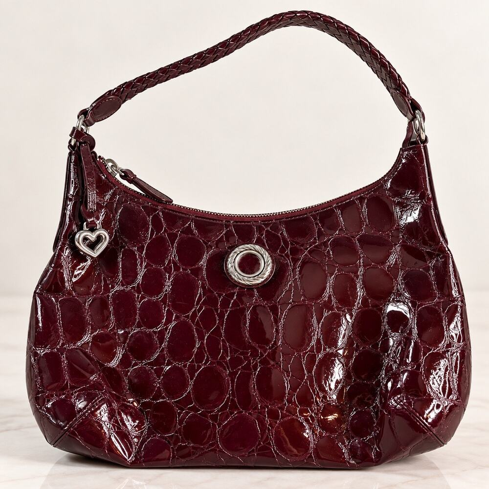 Brighton Burgundy Croc Embossed Patent Leather Shoulder Bag Heart Charm